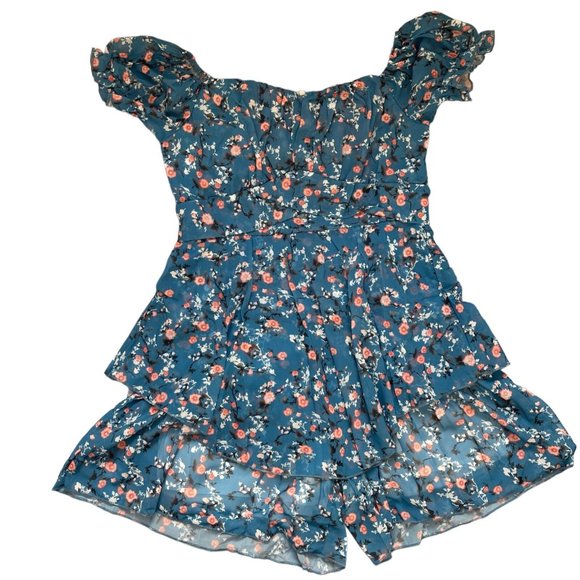 Women Boho Playsuit Romper Medium Blue Orange Floral Off The Shoulder Lined - Picture 10 of 16